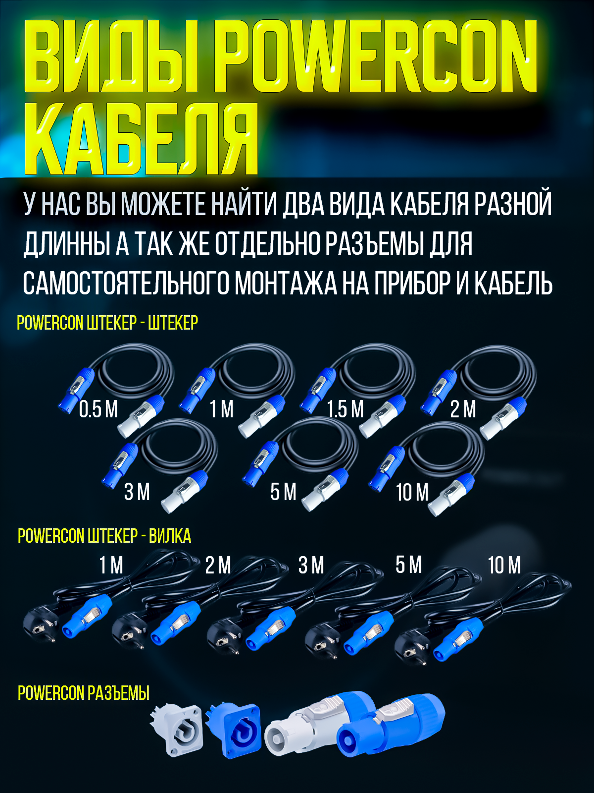 Кабель питания Powercon "штекер" - Powercon "штекер" 0.5 метра
