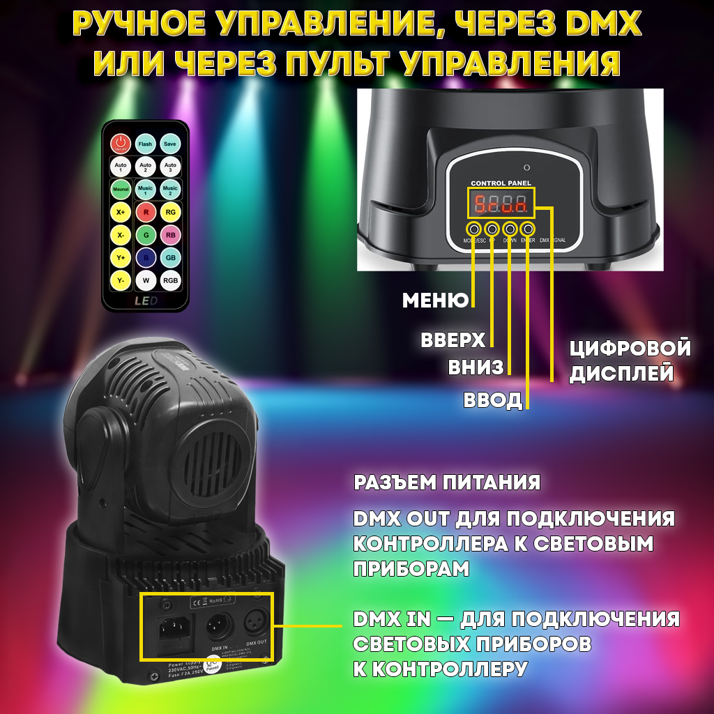 Вращающаяся голова PartyMaker 7x10w RGBW 4в1 с пультом управлени
