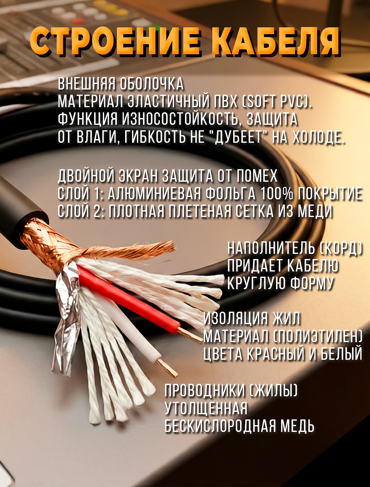 Микрофонный кабель c двойным экранированием без разъемов 5 метров