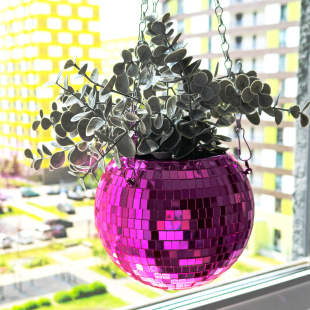Зеркальное подвесное кашпо в форме диско-шара, 15 см пурпурное