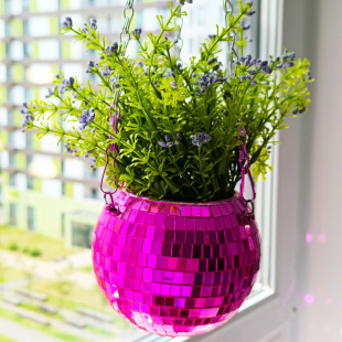 Зеркальное подвесное кашпо в форме диско-шара, 12 см пурпурное