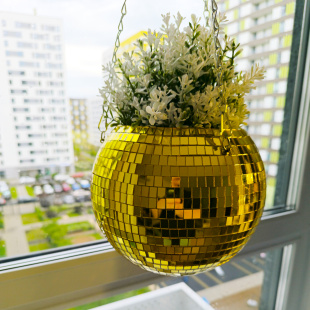 Зеркальное подвесное кашпо в форме диско-шара, 20 см золотое