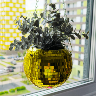 Зеркальное подвесное кашпо в форме диско-шара, 15 см золотое
