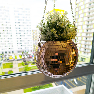 Зеркальное подвесное кашпо в форме диско-шара, 20 см розовое золото